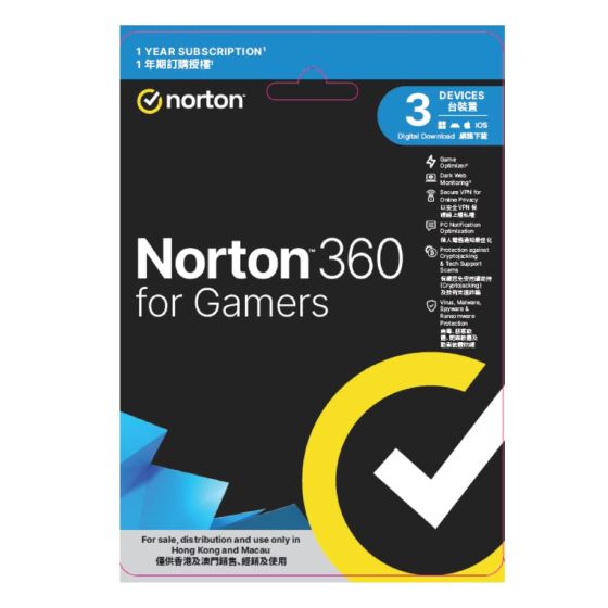 Norton - 諾頓 360 for Gamers 360 電競版 - 1年期 1用戶 3台裝置 (實體卡版) 155-30-00007-1