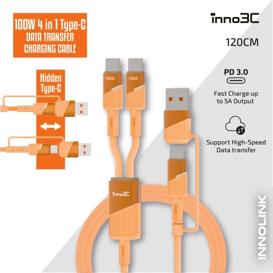 inno3C i-100C2-12 4合1 100W Type C 數據傳輸充電線 120cm 4193341