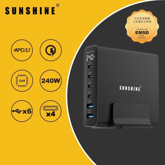 Sunshine GaN 快速充電器 240W PD3.1 QC3.0 USB-Ax2 USB-Cx4 (TRB-240W) CR-4199171