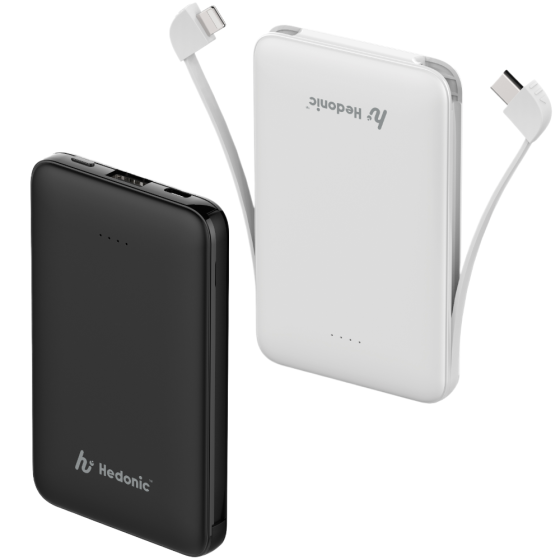 Hedonic - 5000mAh (18.5 Wh) Tiny Portable Battery with embedded Type-C & Lightning cables - 3C CCC certification - (Black/White)