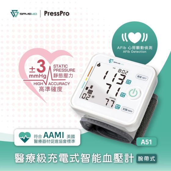 SAVEWO PressPro Medical Grade Rechargeable Intelligent Blood Pressure Monitor (Wrist) A51