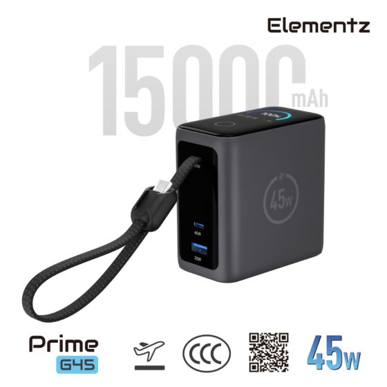 [3C 認證及可追溯二維碼] Elementz - MagPrime G45 15000mAh 行動電源 PMP-G45 [黑色] CF32226