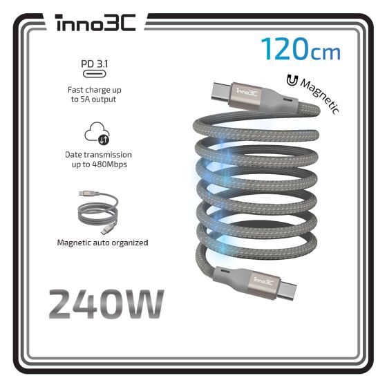 inno3C i-2M240-12 240W Type-C to Type-C 磁吸收納數據傳輸充電線 120cm | Type-C to Type-C 充電 + 數據傳輸線 120cm CR-i-2M240-12_GY