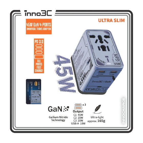 inno3C - i-45WC 45W GaN 4輸出旅行轉換插頭 | PD 3.0 / PPS 快速充電旅行充電器 | USB 充電器 | 全球旅行通用 CR-i-45WC_ALL