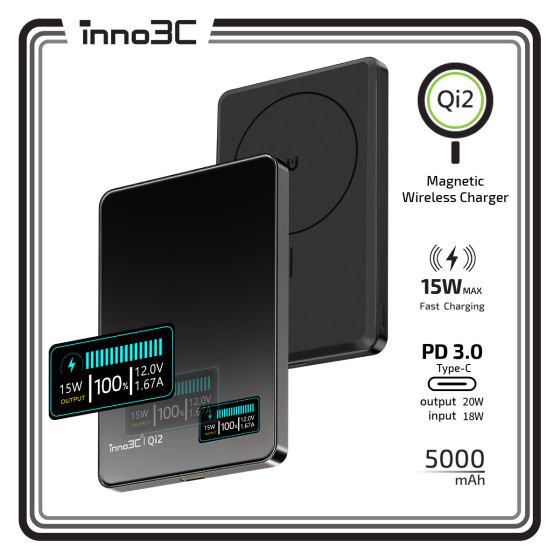 inno3C i-5M2 Qi2 超薄磁吸無線充移動電源 5000mAh | MagSafe 數顯移動電源 5000mAh CR-i-5M2_BLACK