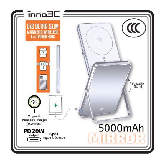 inno3C - [CCC 3C 認證] M0U Qi2 鏡面超薄磁吸無線充 6 in 1 移動電源 5000mAh | MagSafe 移動電源 5000mAh | PD3.0 快速充電 | 手機