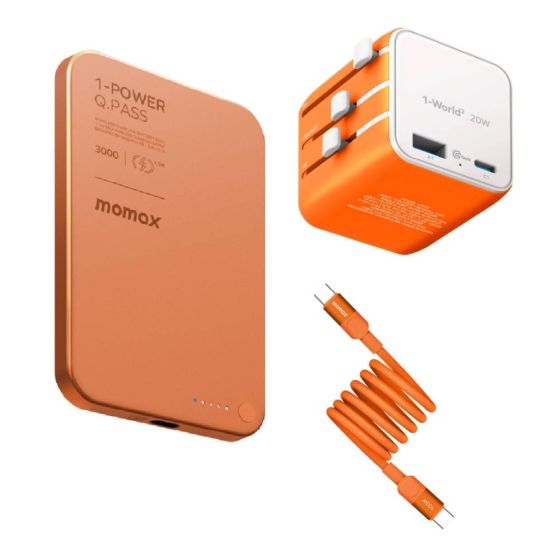 Mox 尊享 - [Momax 太陽橙系列] [3C CCC 認證] 1-Power Q.Pass 3000mAh 磁吸流動電源+ Mag.link 100W USB-C to USB-C 磁吸連接線 + 1-World² 20W 2 接口 USB 旅行充電器 IP115M+DC52M+UA29UKM