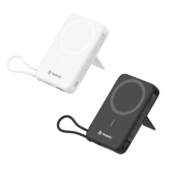 Hedonic - 10000mAh 無線15W 兼容MagSafe 流動充電池連嵌入式Type C PD 3.0 20w 線和支架 [黑色 / 白色] HEDON_10KCQI_ALL