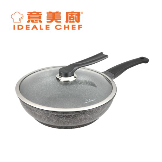 意美廚 - 韓國製 SELECTED 鋼化鑄鋁大理石紋易潔單柄炒鍋連可立玻璃蓋 28cm IC14328W