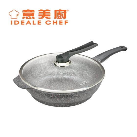 意美廚 - 韓國製 SELECTED 鋼化鑄鋁大理石紋易潔單柄炒鍋連可立玻璃蓋 32cm IC14332W