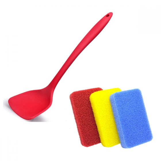 diseno - 防刮矽膠中式鑊鏟 - 紅色和矽膠廚房清潔海綿(3件裝)套裝 LGDI-HW083214