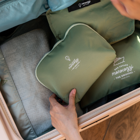 MONOCOZZI - Bon Voyage 摺疊旅行收納袋 4 合 1 套裝(小衣物收納袋,大衣物收納袋,鞋袋,拉鏈小袋)(煙燻綠/駱駝啡/石板藍)