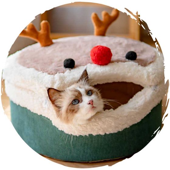 毛孩物語 - 聖誕冬季保暖厚墊可愛聖誕麋鹿鹿角貓窩帳篷 (細碼)