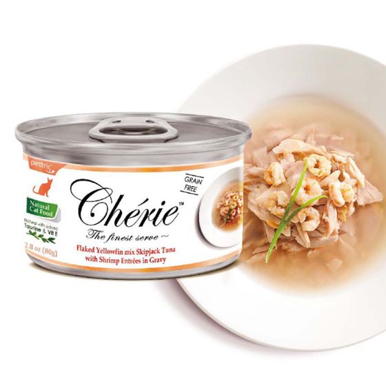 Cherie - 微湯汁貓罐 天然黃鰭吞拿魚佐鮮蝦80g (1箱=24件) CR-PL4712937600357