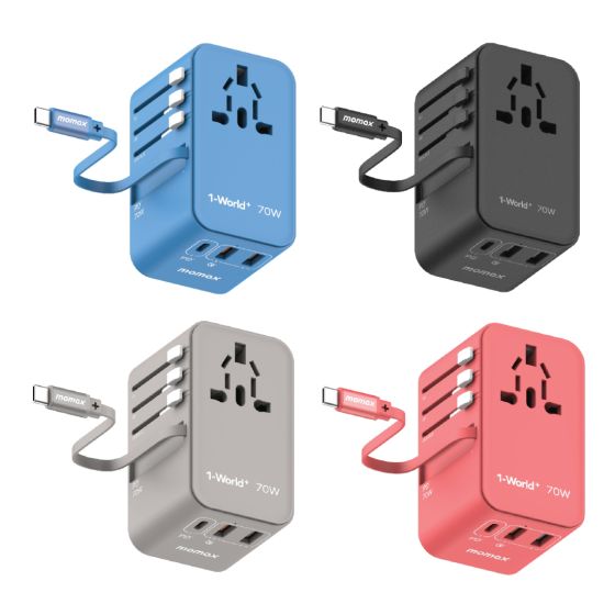 Momax - 1-World+ 70W GaN 伸縮充電線旅行插座 (黑色/灰色/藍色/紅色) UA18UK UA18UK_MO