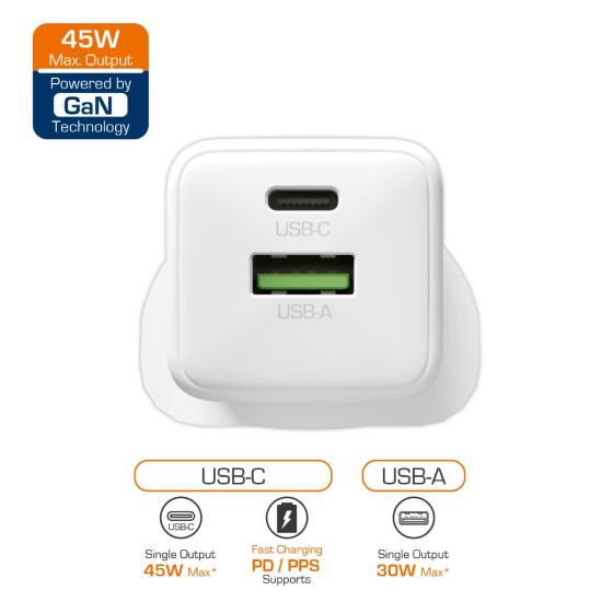 First Champion - 2-Port 45W USB 充電器 UWC245PD1C - with USB-C & USB-A UWC245PD1C-UK