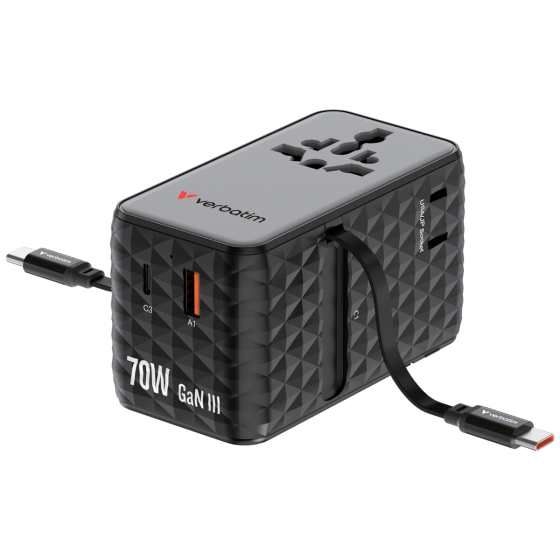 Verbatim Charge 'n' Travel Diamond 70W 通用旅行轉插連兩條可伸縮USB-C充電線