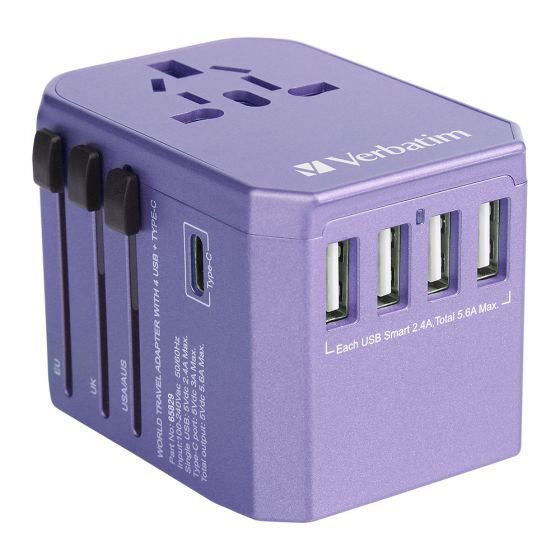 Verbatim - 5 Ports 旅行充電器[4 x USB+1 x Type-C] - 紫色 VERBA_65829