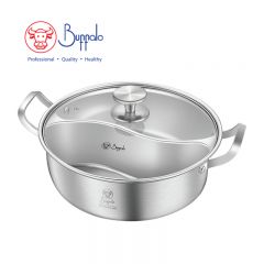 Buffalo - PRO COOK 304 Stainless Steel No Welding Divider Hot Pot with Glass Lid 30cm/5L (20330C) 20330C