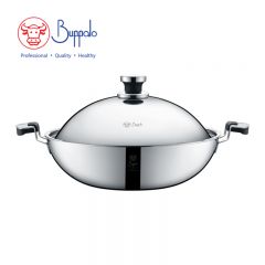 Buffalo - ELITE COOK I 316 Stainless Steel 5-Ply Flat Bottom Wok with S/S Lid 40cm (755440A) 755440A