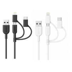 Anker - PowerLine II Lightning, Type-C, Micro USB 3-in-1 Cable 0.9M (Black / White)