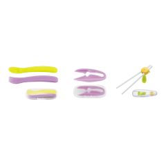 Combi - 幼儿餐具套裝 - 包括學習叉匙連盒套裝 (紫黃色)+食物剪連盒 (紫色)+分段學習筷子連盒(綠色) Combi-CutlerySetA