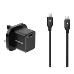 Momax - Go Link USB-C to USB-C PD 1.2m braided charging cable + Momax - ONEPLUG 20W USB-C Mini Charger (Black) DC19D+UM35UKD CR-DC19D_UM35UKD