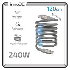 inno3C i-2M240-12 240W Type-C to Type-C 磁吸收納數據傳輸充電線 120cm | Type-C to Type-C 充電 + 數據傳輸線 120cm CR-i-2M240-12_GY