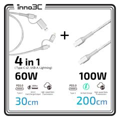 inno3C 透明銀色閃亮數據傳輸充電線套裝 | 四合一 Lightning/Type-C 轉 USB-A/Type-C 線 30cm + 100W Type-C 轉 Type-C 線 200cm CR-i-4LA03_CA20