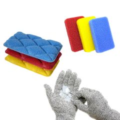 diseno - Category 5 Cut Resistant Glove (1 pair) & Silicone Sponges Scouring Pad Set (3 Set of Each) CR-LGDI-HW08061430