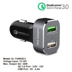 First Champion USB 汽車充電器 - EL-730WQC3 - 2 x USB 接口, 支援QC3.0快充