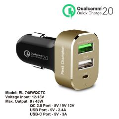 First Champion USB 汽車充電器 - EL-745WQCTC - 3 x USB接口, 支援Type-C & QC2.0快充 - EL-745WQCTC