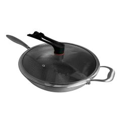 diseno - 32cm Stainless Steel 3PLY Honey Comb Pattern Non-Stick Wok with Glass Cover LGDI-HW0828
