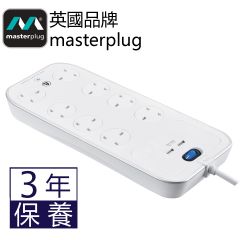 Masterplug - Surge 2X USB 3.1A with 8X13A 3M High gloss finish Switched Extension lead - White SRGSU83PW MP-SRGSU83PW
