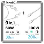 inno3C 透明銀色閃亮數據傳輸充電線套裝 | 四合一 Lightning/Type-C 轉 USB-A/Type-C 線 30cm + 100W Type-C 轉 Type-C 線 200cm CR-i-4LA03_CA20