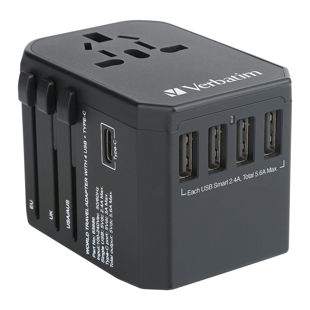 Verbatim Ports 旅行充電器[4 x USB+1 x Type-C] 黑色| The Club – Shopping